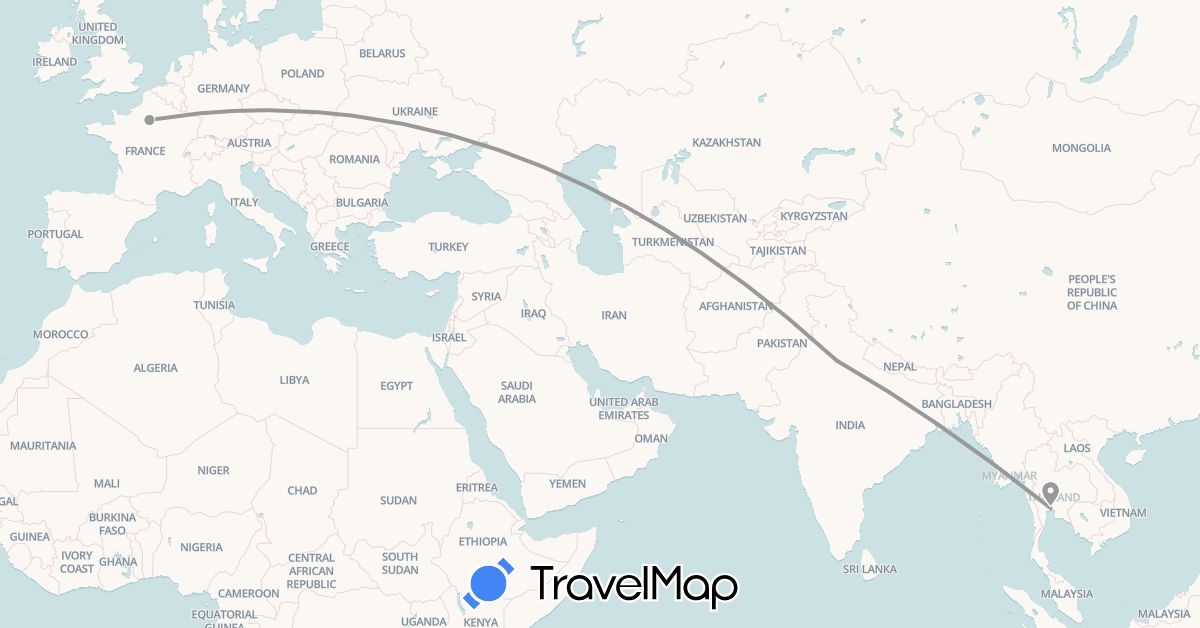 TravelMap itinerary: driving, plane in France, India, Thailand (Asia, Europe)